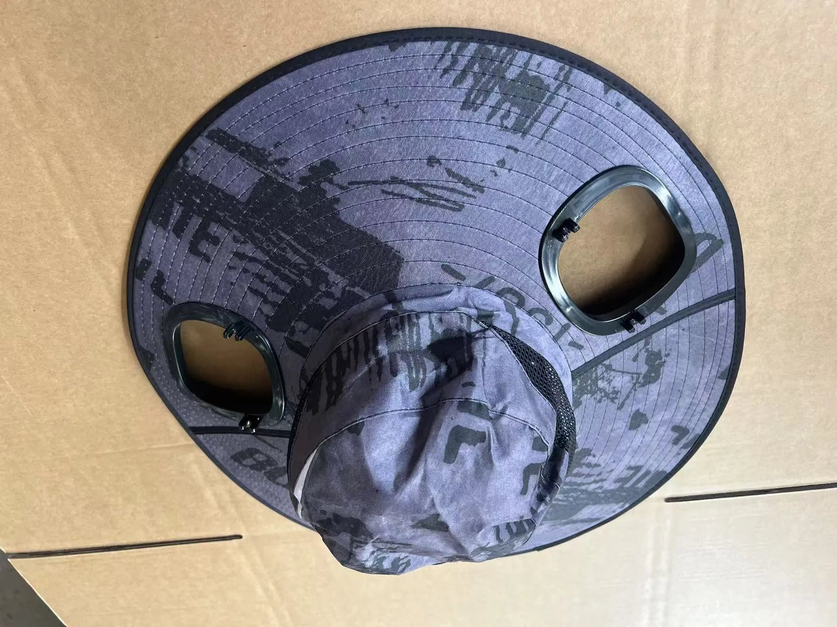 Men's grey solar fan cap with wide sun shading brim and integrated cooling fan