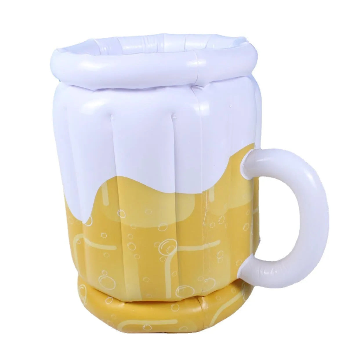 Large yellow inflatable beer mug drink cooler floating in a swimming pool.
