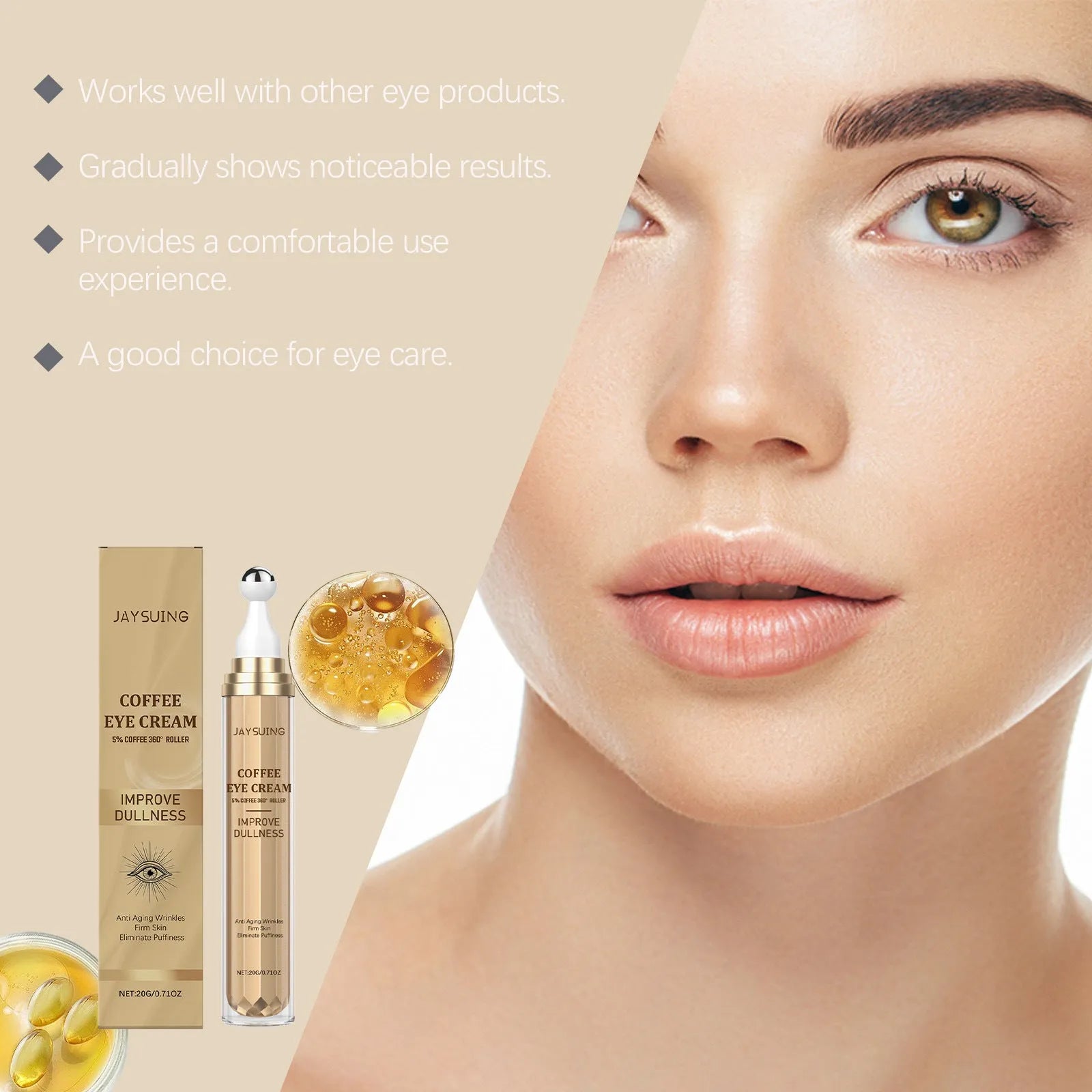 Caffeine firming eye cream in white 20g jar with coffee extract and sodium hyaluronate