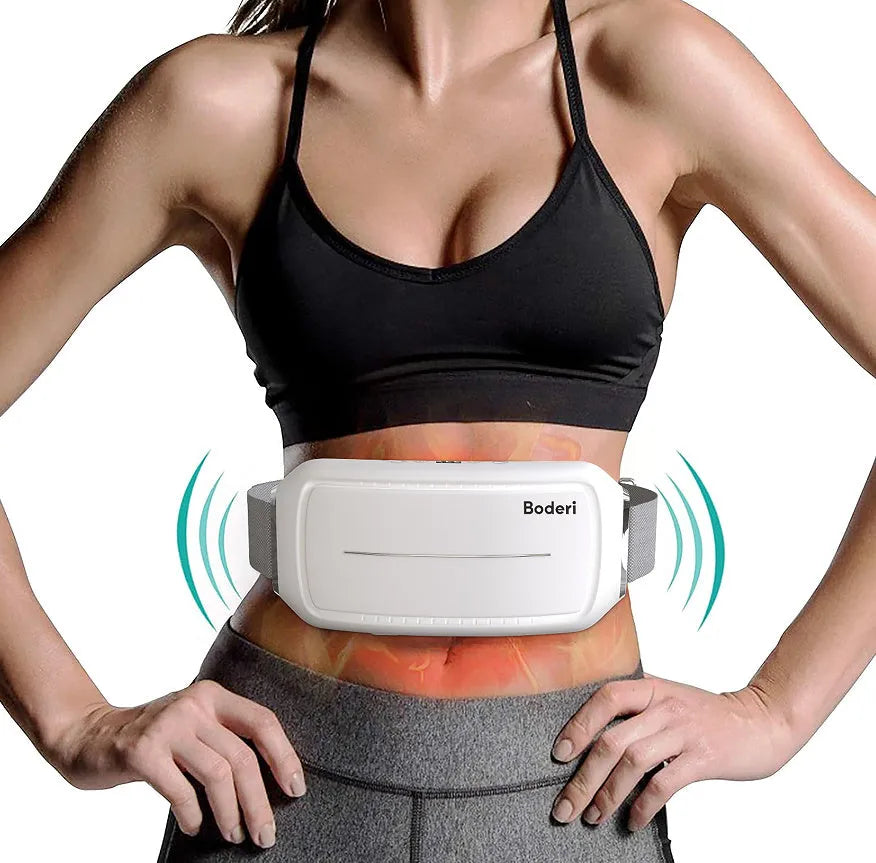 White Tummy Machine electronic ab trainer with adjustable vibrating waist belt on a grey background.