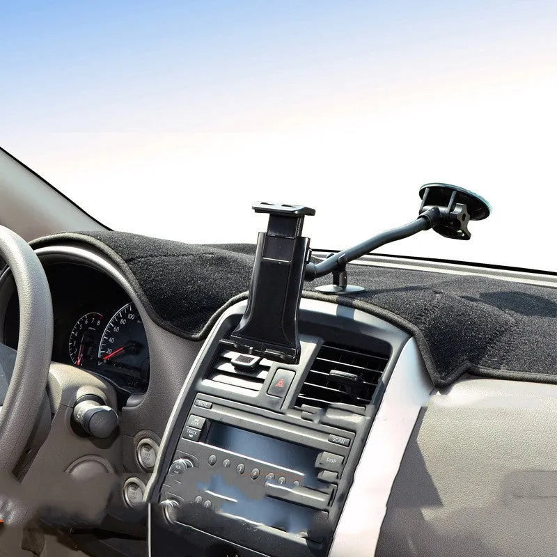 Black universal car tablet holder with long arm and suction cup mount for 4-12 inch devices.