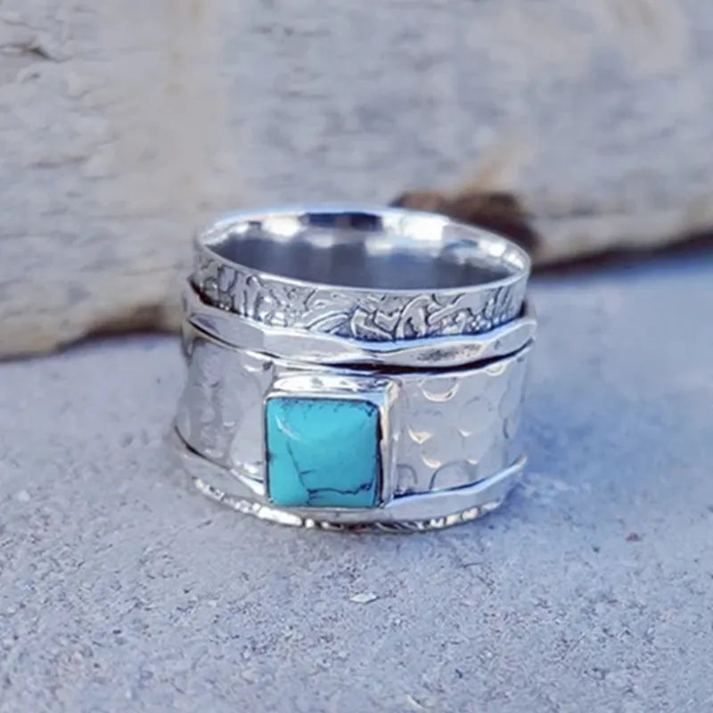 Turquoise bohemian ring for women in silver zinc alloy electroplated finish