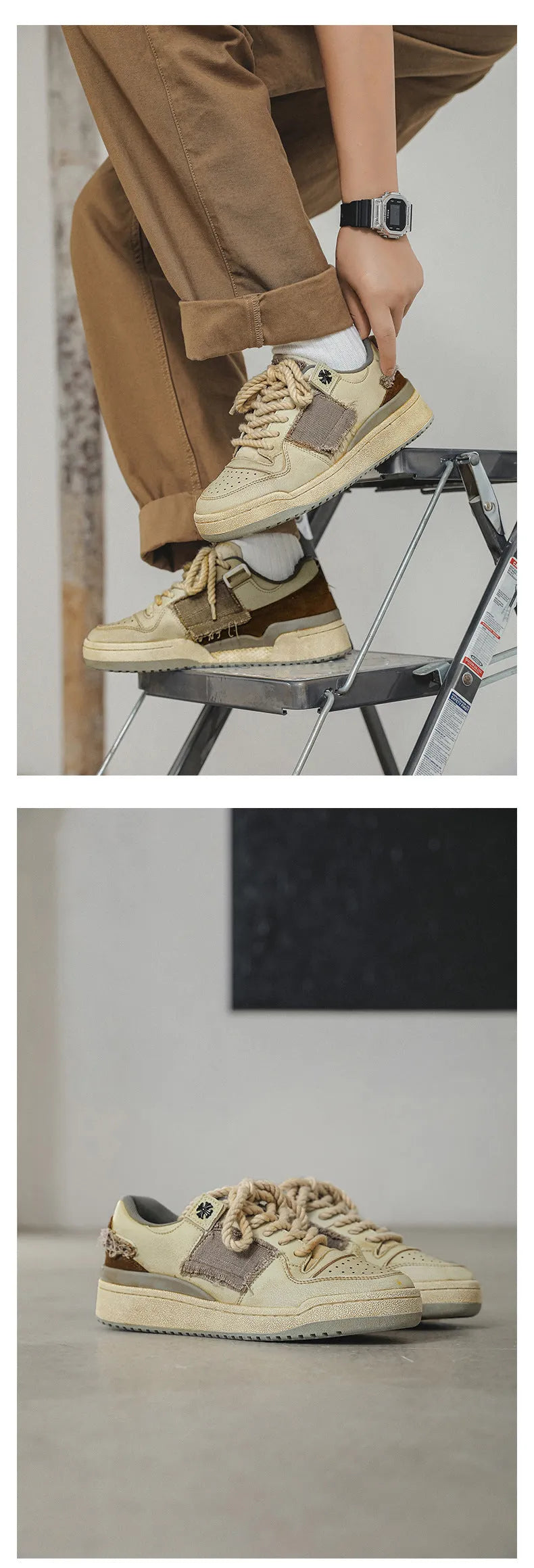 Beige low-top vintage skate shoes with round toe and front lace-up closure on a solid background.