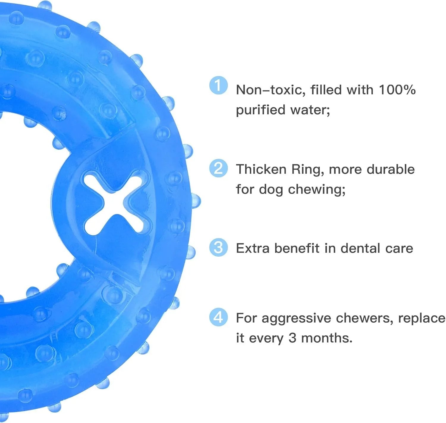 Freezable plastic bone and circle shaped dog chew toys for teething puppies.