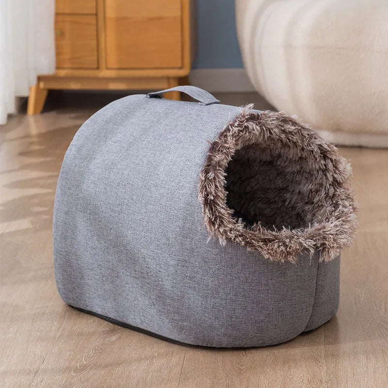 Fleece-lined closed cat nest sleeping bag in grey colour showing enclosed design