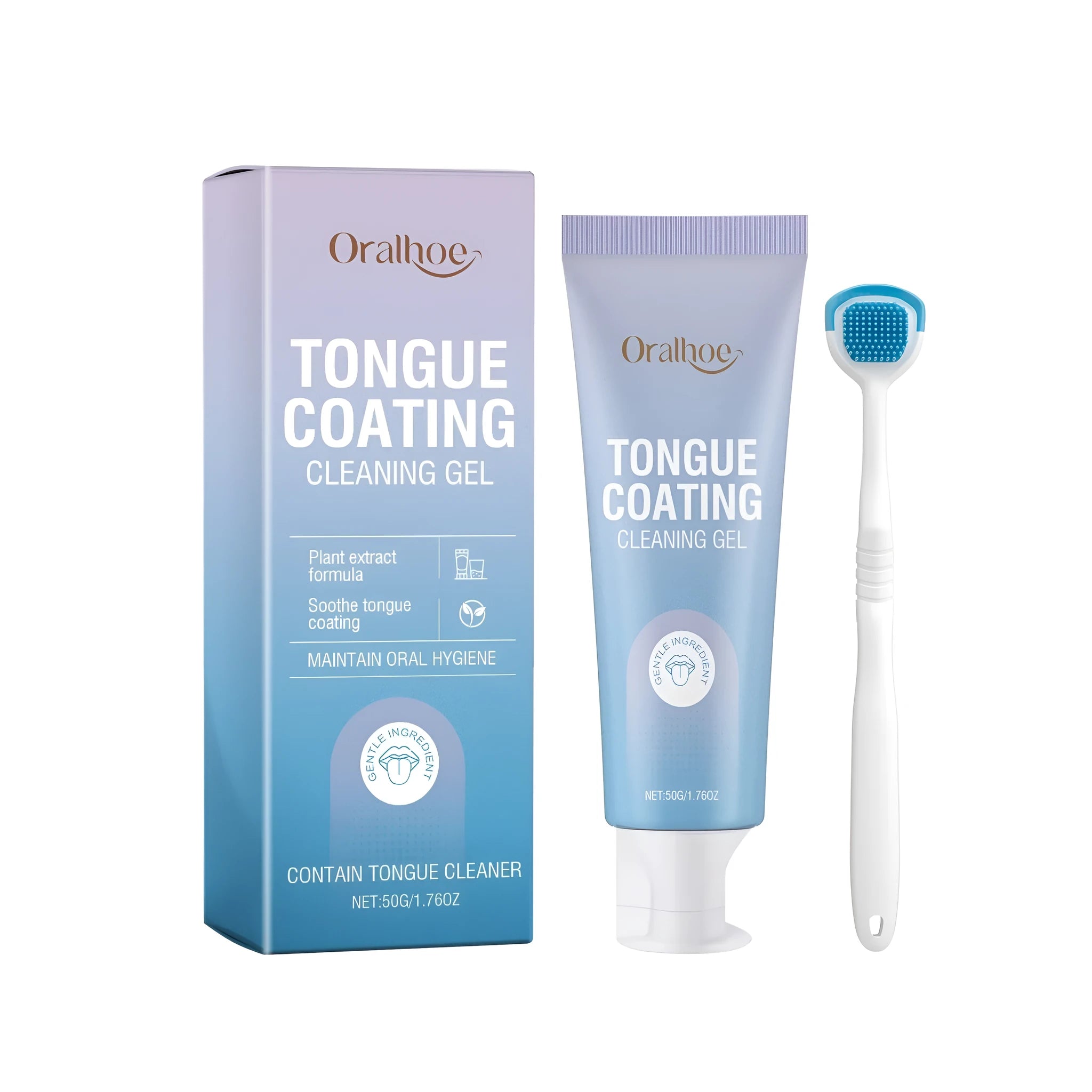 Tongue coating cleaning gel tube and brush kit for oral hygiene, shown with mint leaves.