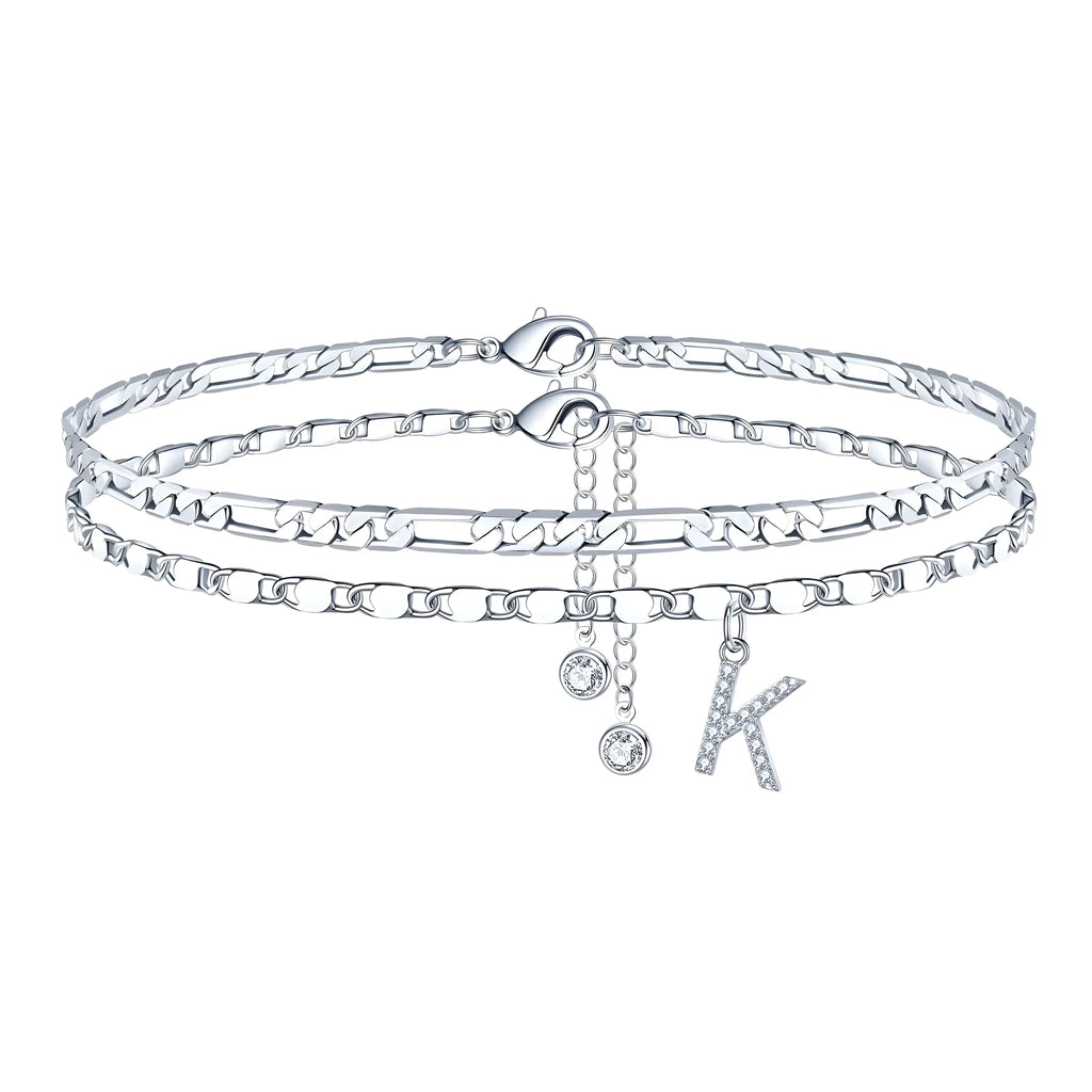 Silver-coloured copper bead double-circle anklet with letter charm on ankle