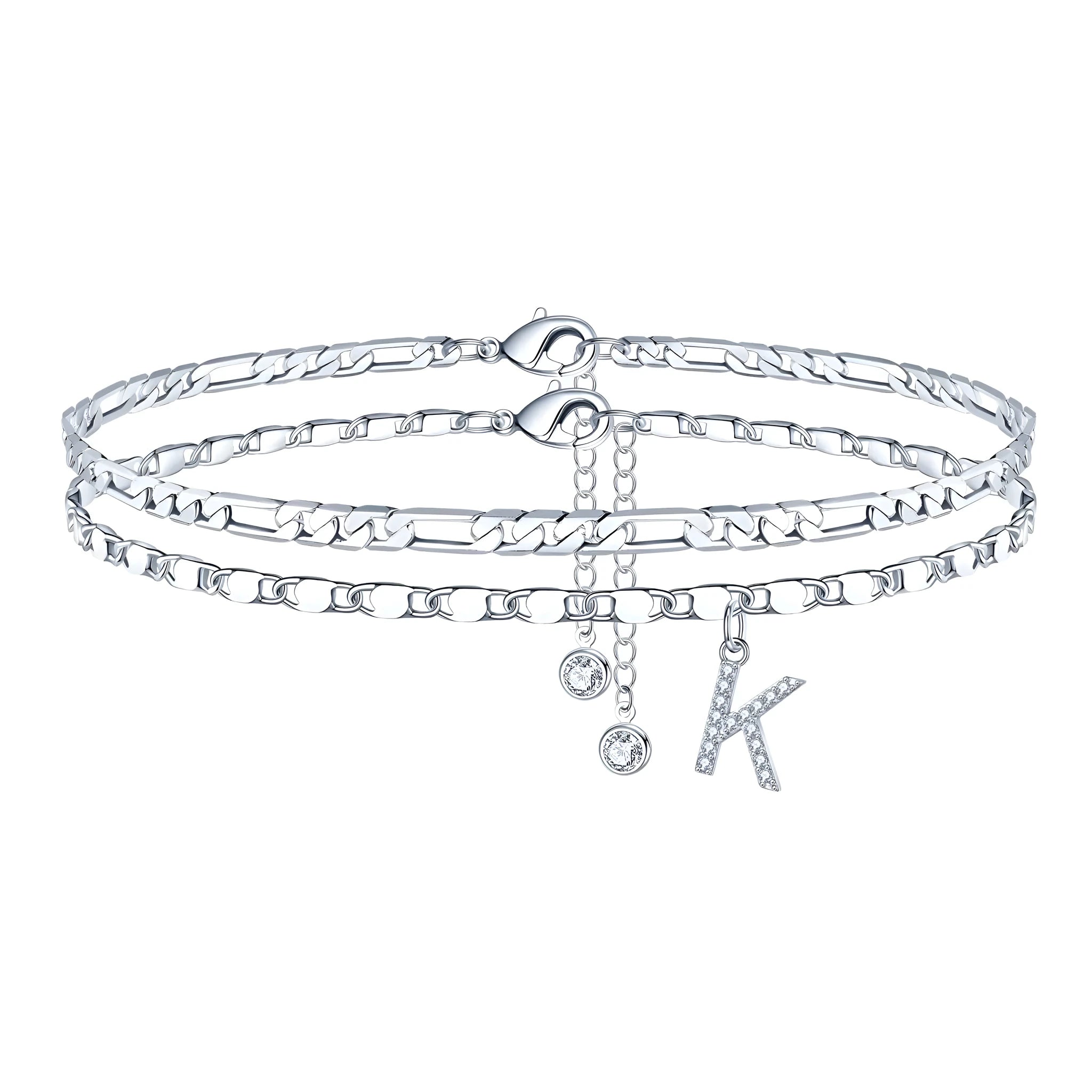 Silver-coloured copper bead double-circle anklet with letter charm on ankle