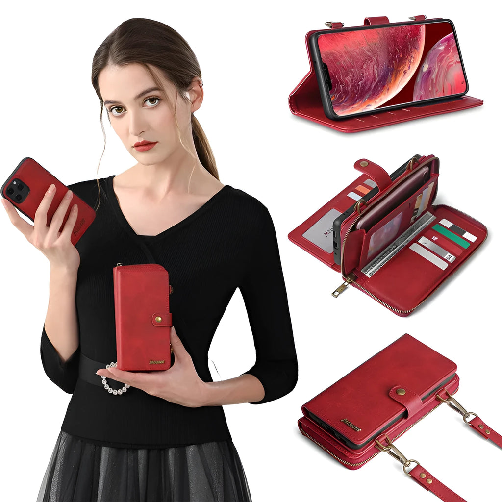 Detachable wallet phone case with magnetic leather flip cover shown in black blue brown red colours