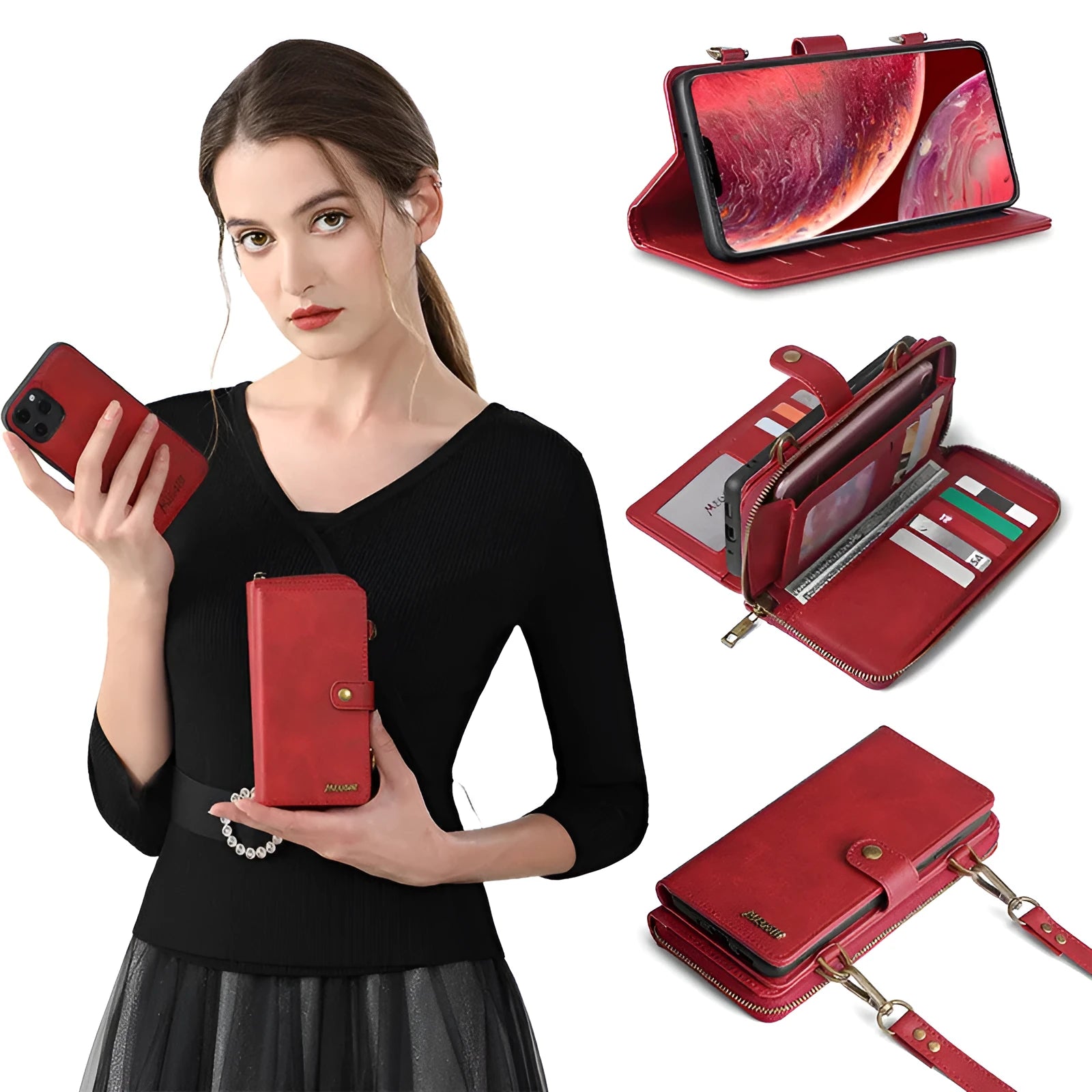Detachable wallet phone case with magnetic leather flip cover shown in black blue brown red colours
