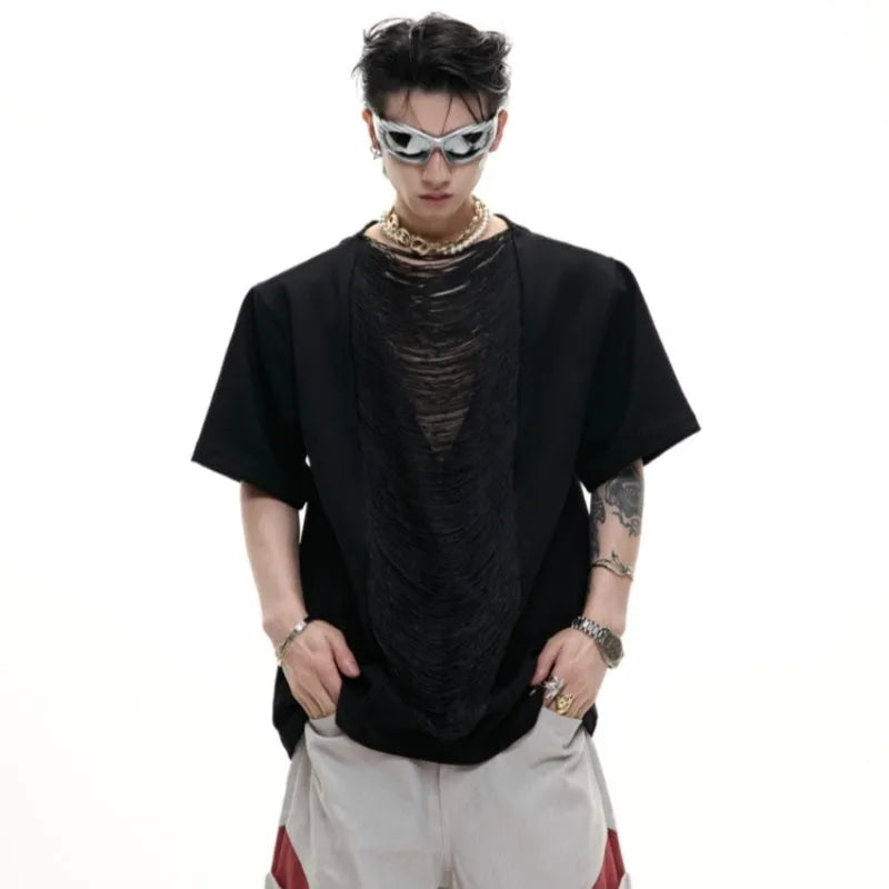 Men's black polyester V-neck t-shirt with hollow out pattern and loose fit