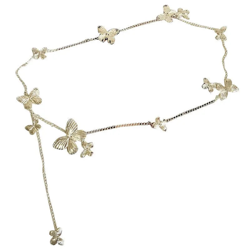 Gold or silver alloy butterfly waist chain measuring 104cm length with 40cm width decorative motif