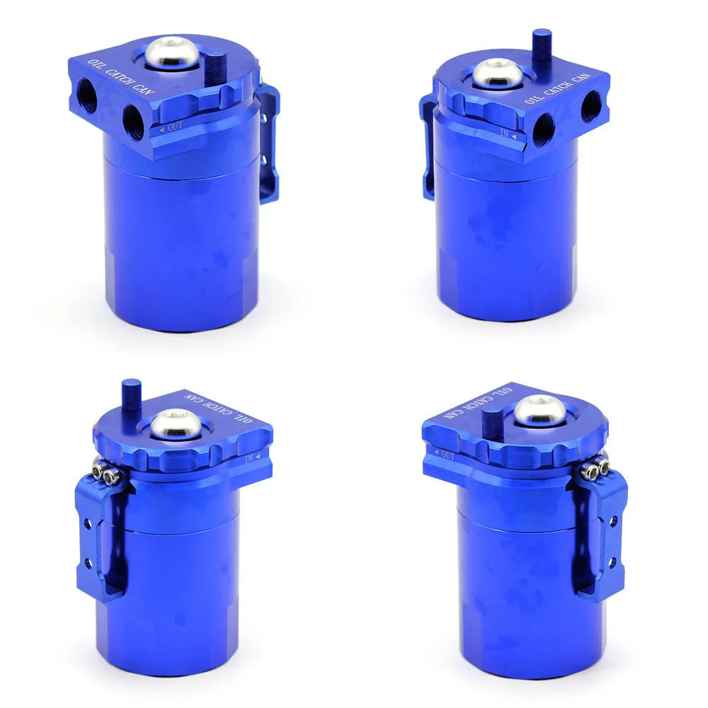 Aluminium alloy engine oil breather pot with air filter in choice of black, blue, red, or silver.