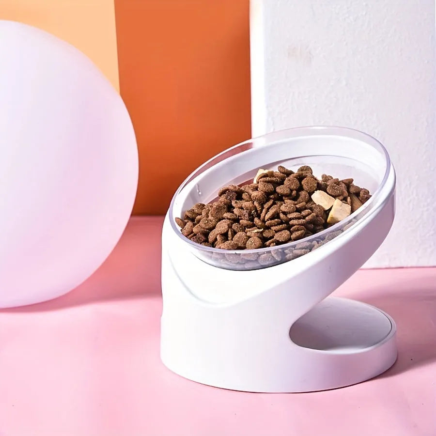 White elevated clear plastic cat food bowl with tilted design for anti-vomit feeding