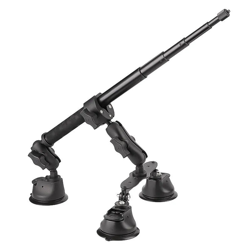 Panoramic camera suction cup bracket with 1.2m extension rod on car roof surface, nylon and alloy build