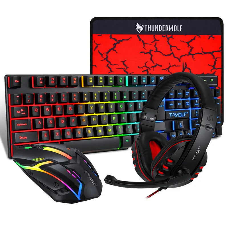 Thunder Wolf T800 four-piece gaming set with luminous keyboard, mouse, headset and mouse pad