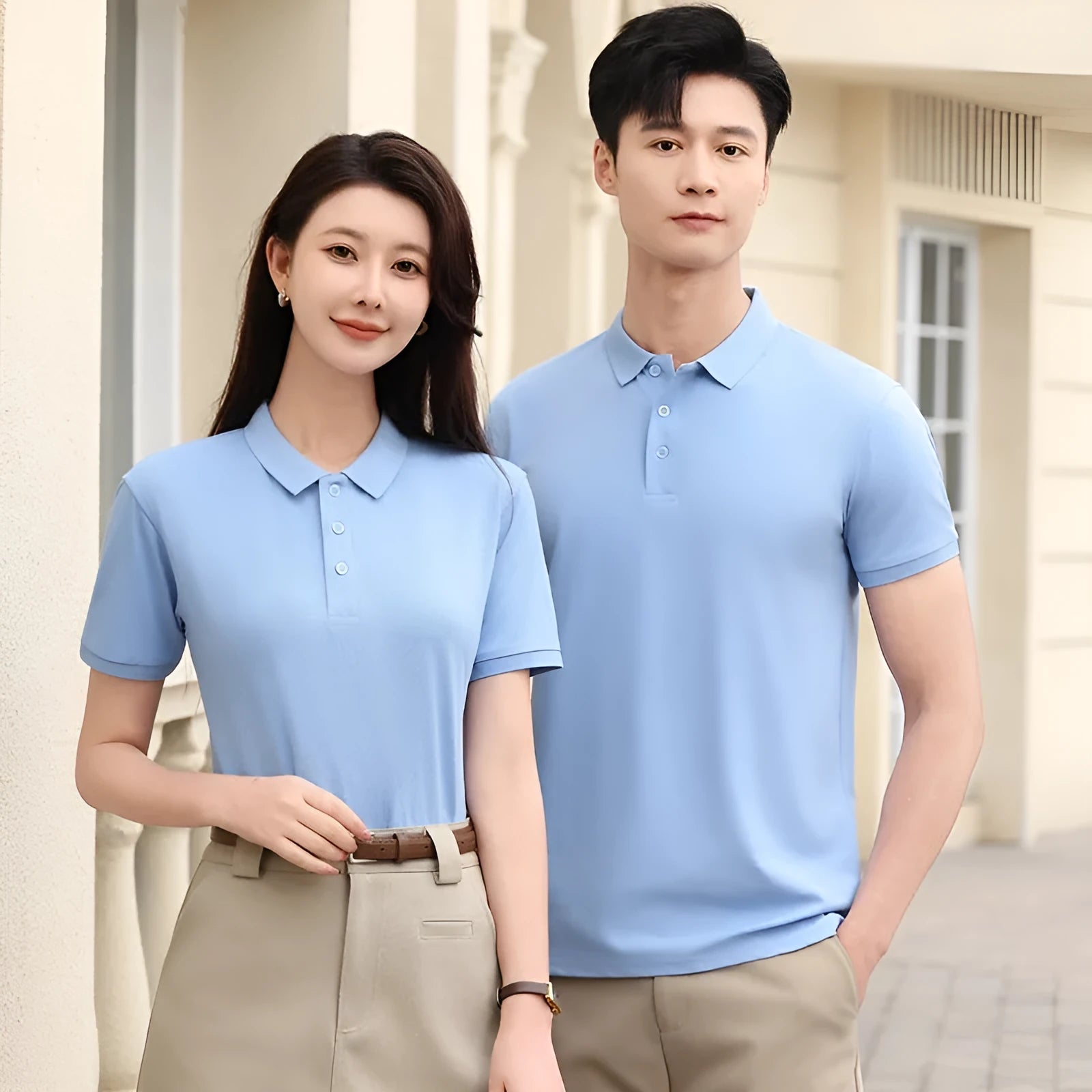 Man wearing a short sleeve polo shirt in a cotton spandex blend, showing colour options like aerospace blue and avocado green.