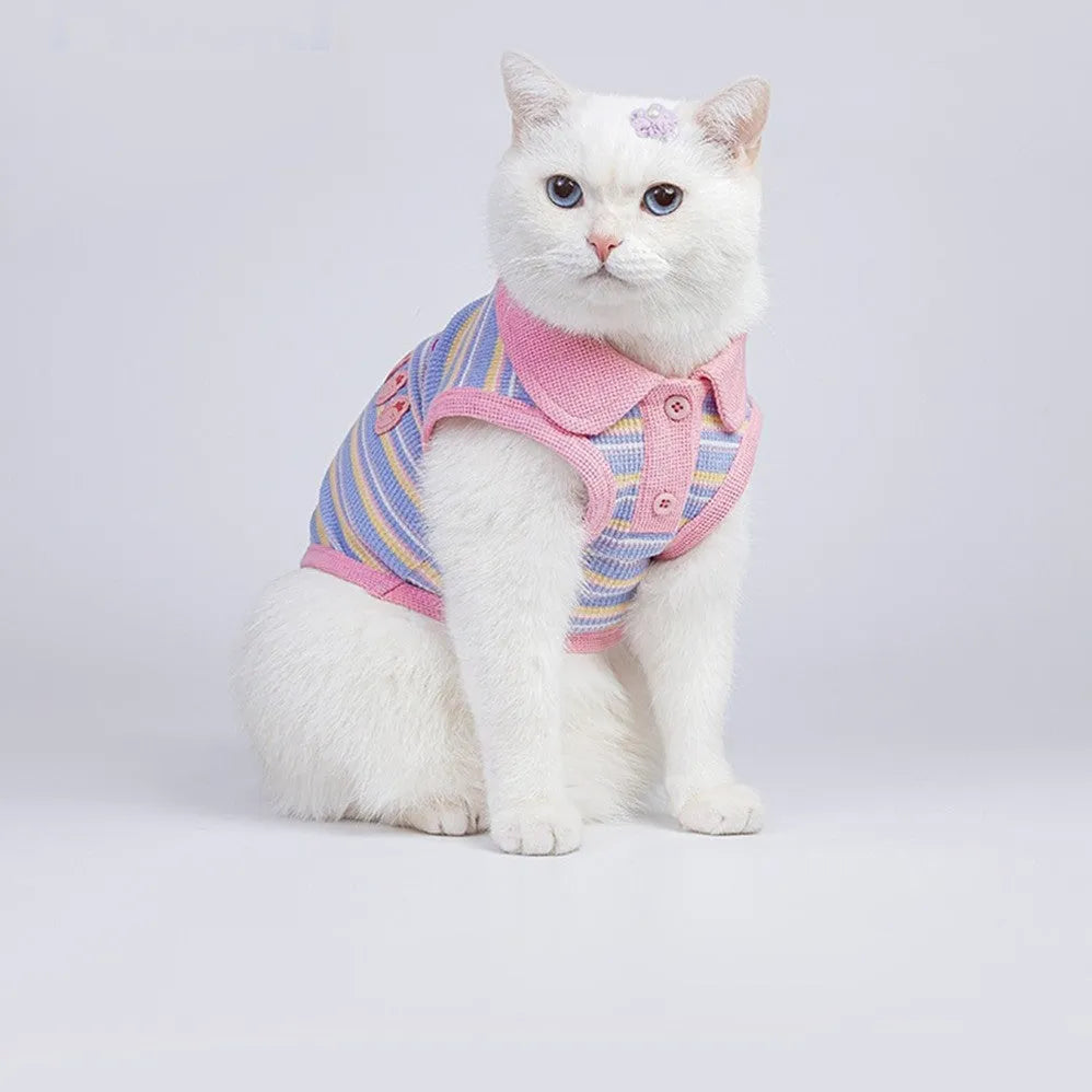 Pink purple vest for a small dog or cat, showing the autumn pet clothing on a mannequin.