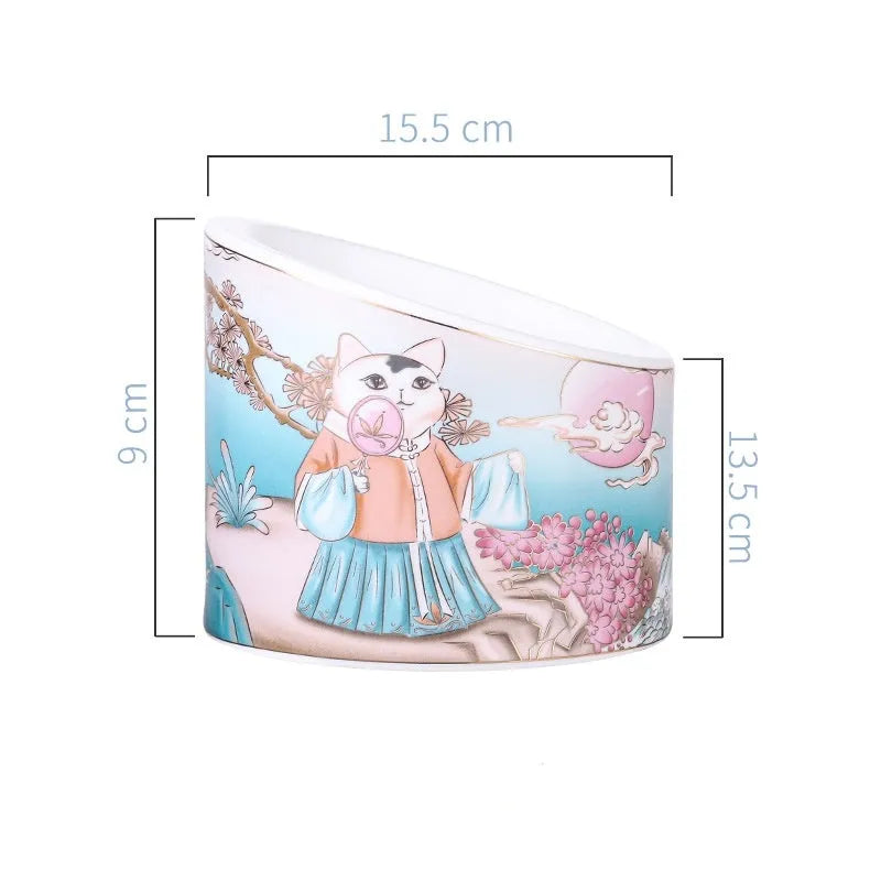 Chinese style ceramic cat bowl with high legs and double oblique mouth compartments