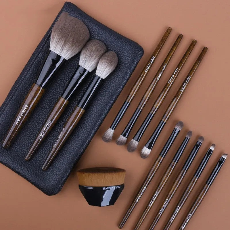 12 piece makeup brush set with wooden handles in PU organiser case