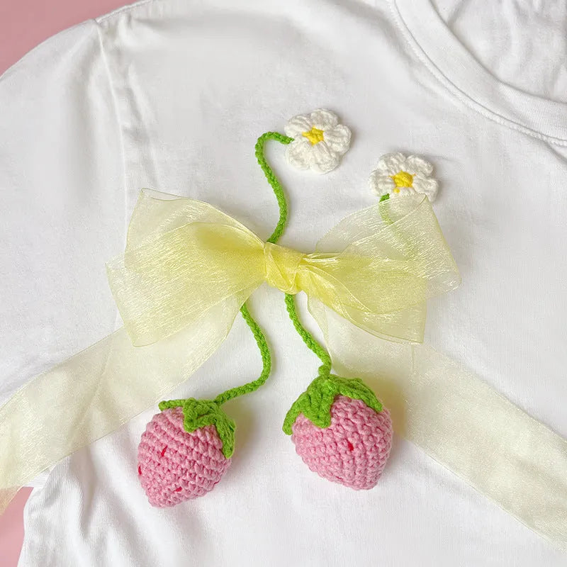 Handmade wool crochet woven strawberry pendant with 35cm length in red or pink colour