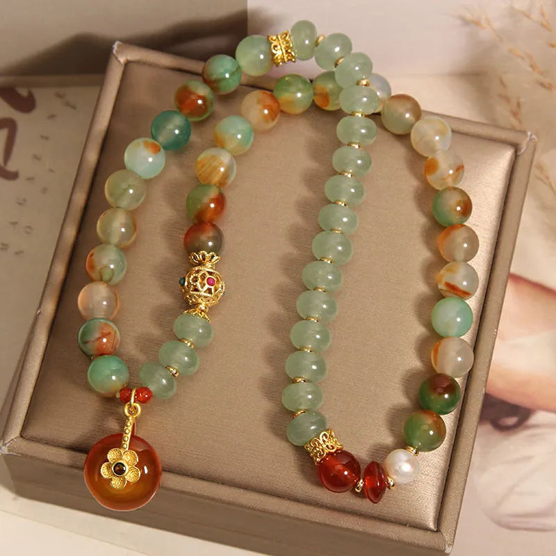 Peacock green agate double ring bracelet for women with alloy safety buckle pendant and rhinestones
