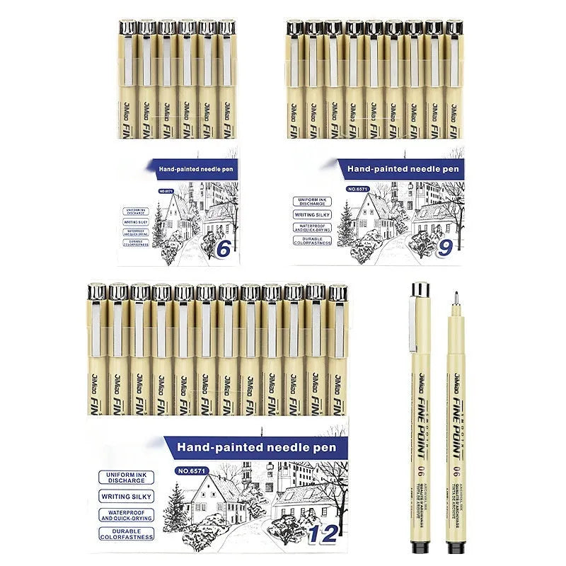 Waterproof needle pen with black ink and hook line art cartoon design on 133mm plastic body