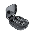 Black and white wireless Bluetooth headset with charging case showing digital display screen