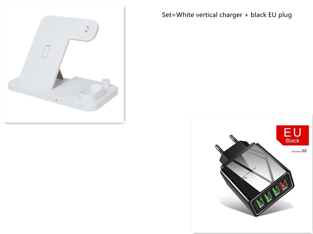 4-in-1 adjustable wireless charging station showing phone, watch, earbuds and pencil charging on a desk.