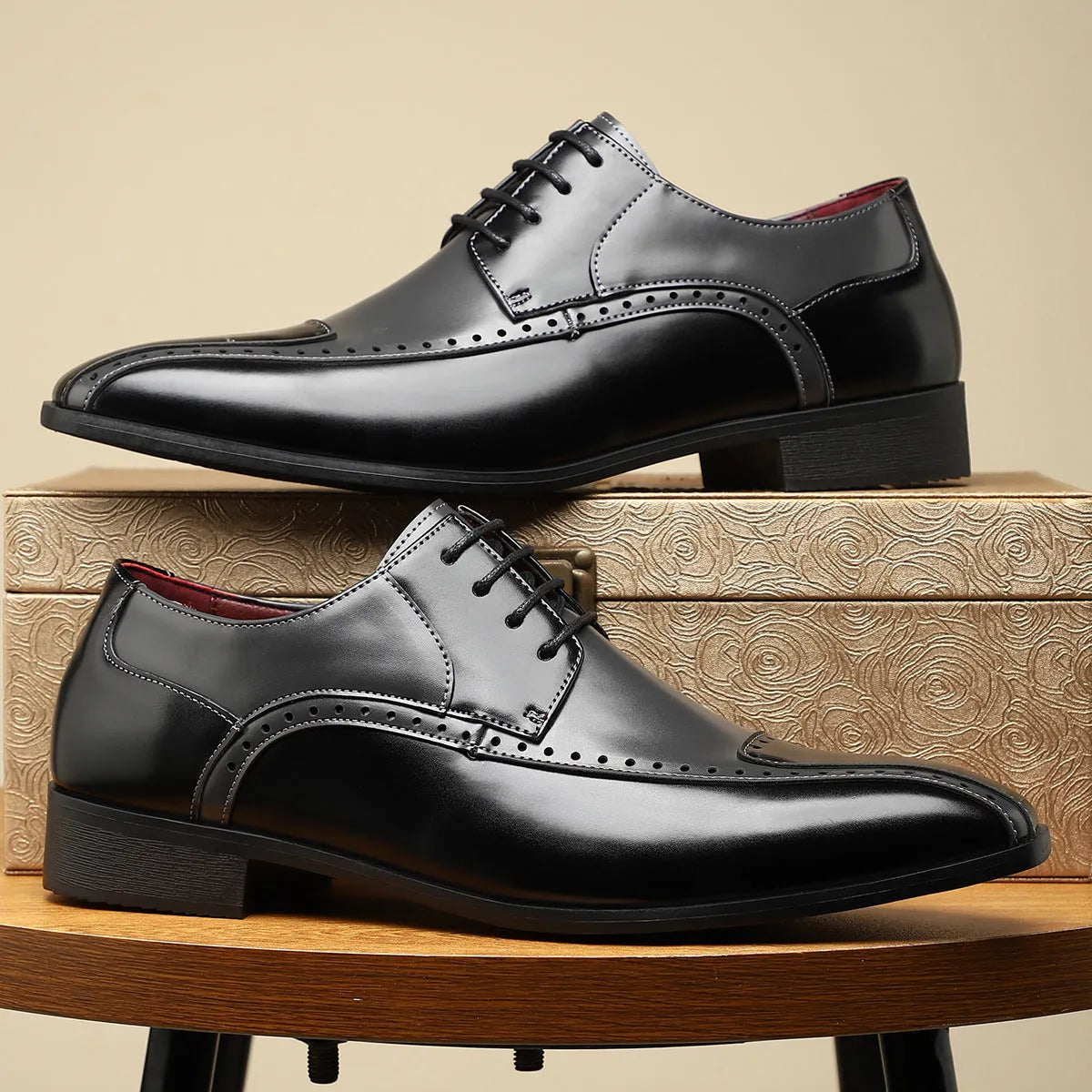 Men's low-top leather shoes in black, green, or purple with stitching detail and a leather toe cap.