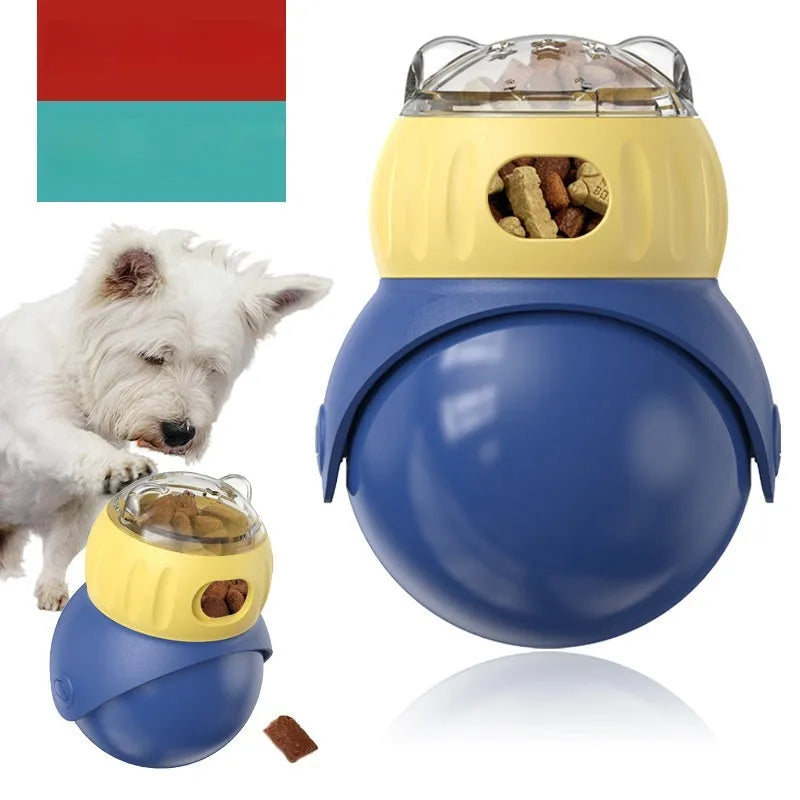 Yellow and blue plastic tumbler owl cat puzzle feeder for self-service food dispensing.