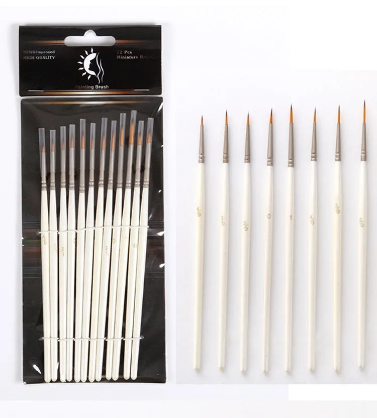 Set of 12 pearl white artist painting brushes with wooden handles and nylon wool fibres.