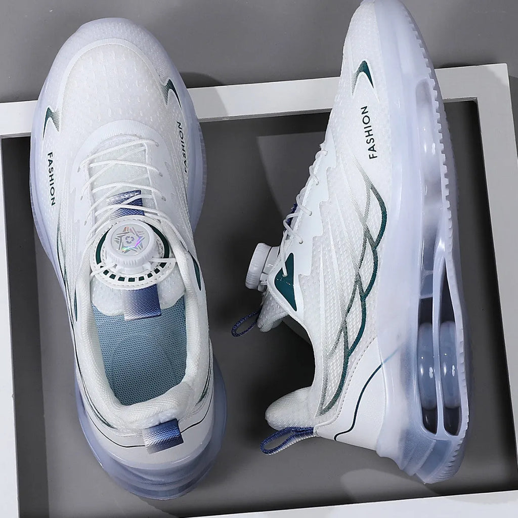 White Korean-style casual trainers with rotating button lace-up and mesh upper
