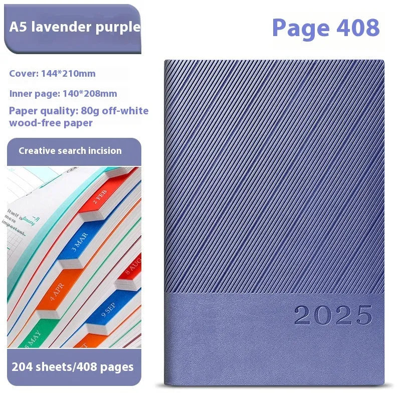 A5 striped PU leather notepad open to show 80g wood-free paper with 408 pages