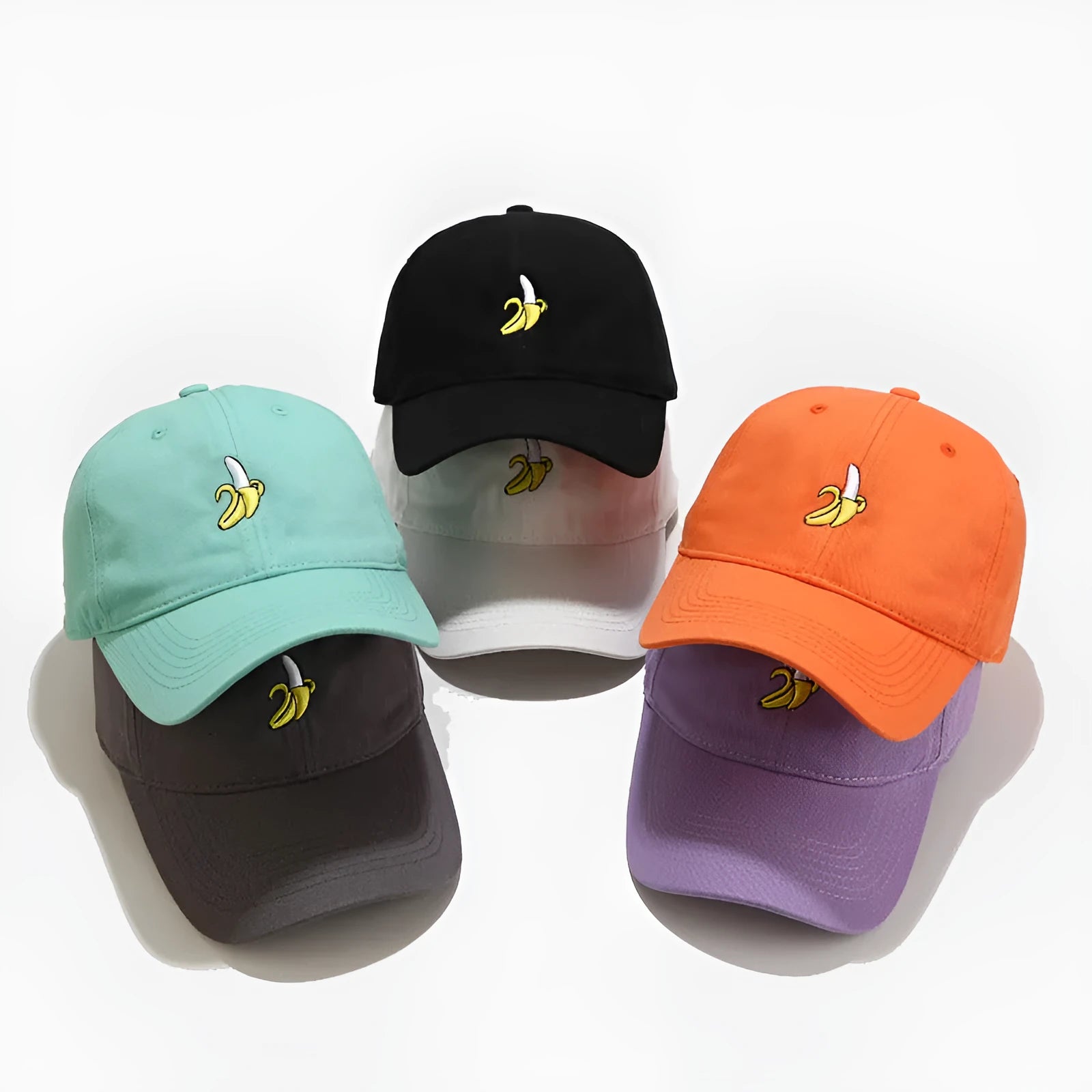 Banana embroidery adjustable baseball cap in peacock blue with curved brim and dome crown