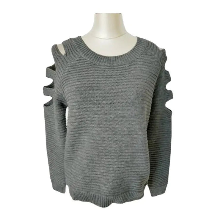 Women's solid grey knitted long sleeve pullover shirt with crocheted hollow-out texture detail.