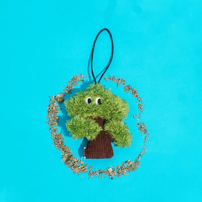 Pine tree shaped fabric cat mint toy with dangling tease stick in three size options