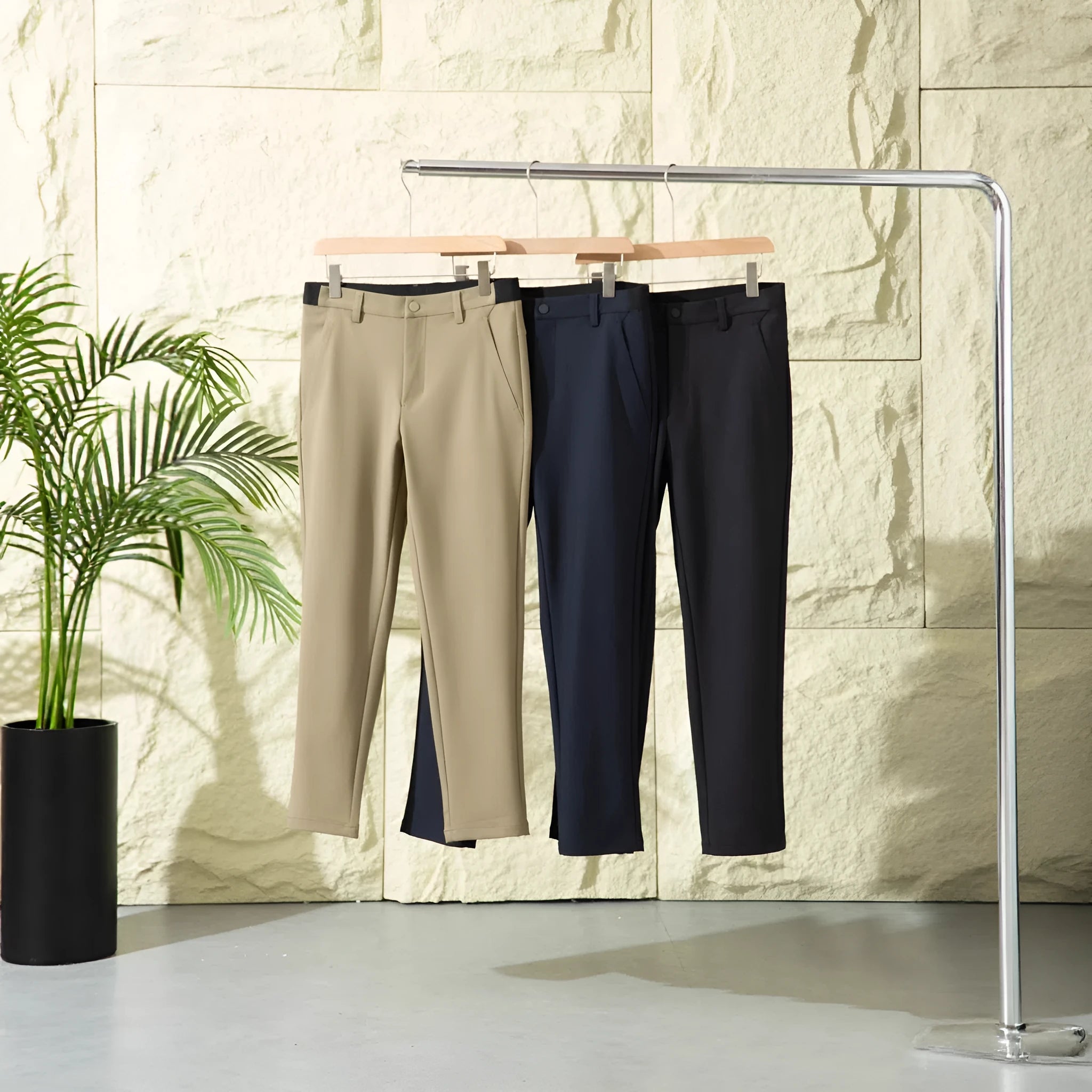 Men's straight leg casual pants in Army Green, slightly elastic, blended nylon fabric, mid-rise waist