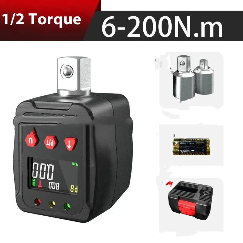 Digital torque meter with display screen and 1/2 inch drive square, metal construction.