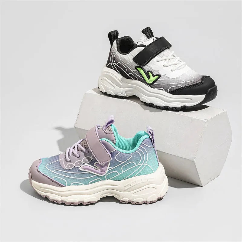 Children's striped dad shoes in black or purple with mesh fabric upper and rubber sole