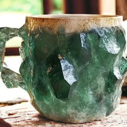 Purple resin mineral crystal coffee mug with handle showing 3D texture and 10cm height
