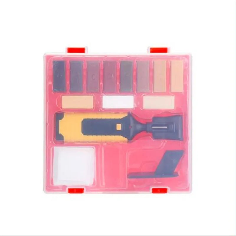 Floor repair tool set for DIY tile repair with red or yellow handles and wax components