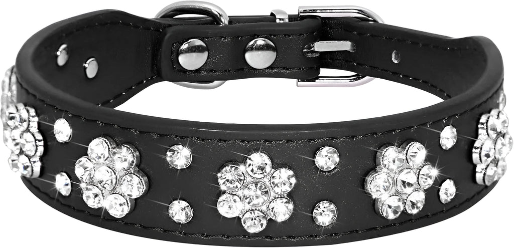 Decorative black dog collar with rhinestone flower pattern and studs on soft PU leather.