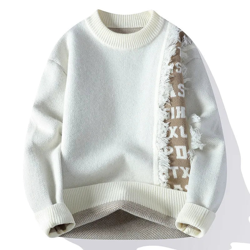 Men's loose fit grey knitted pullover jumper with long sleeves and a ribbed hemline.