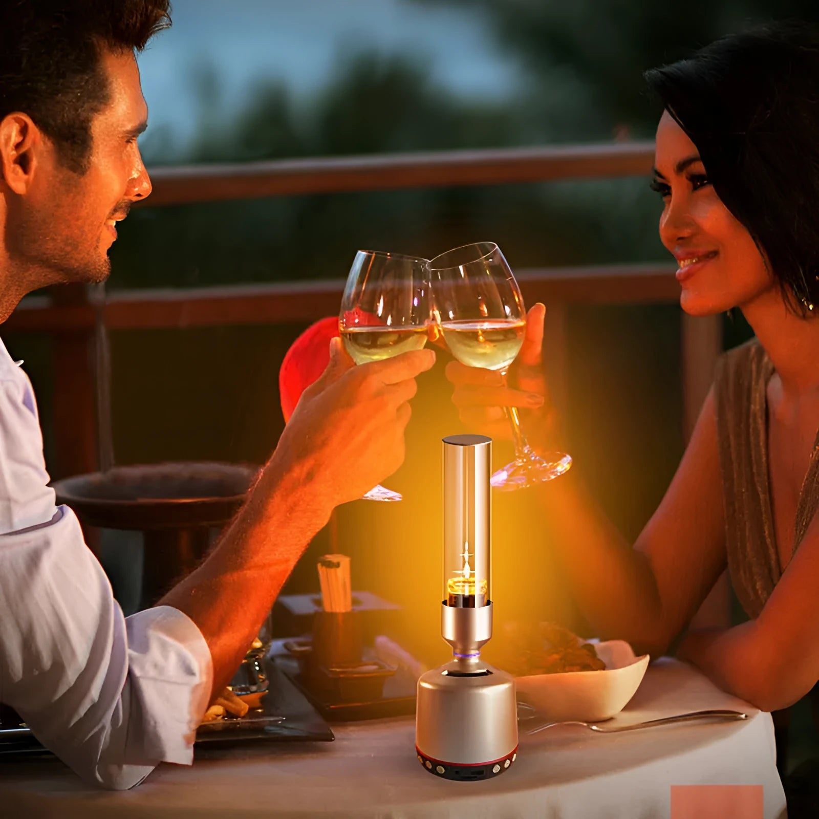 White silver modern candlelight Bluetooth speaker and night light on a surface, showing its upright 90x277mm design.