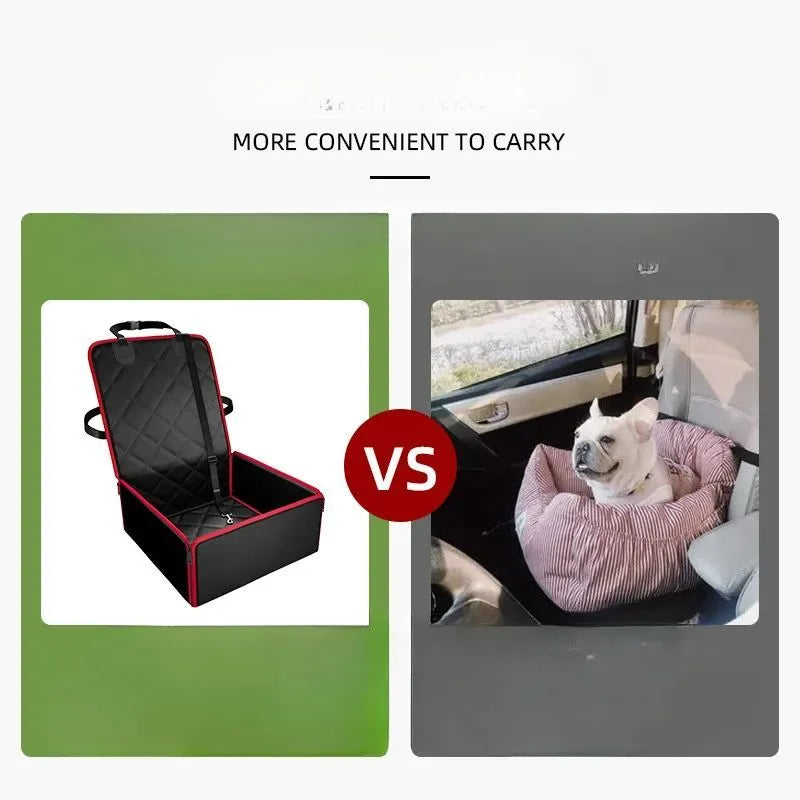 Black pet car pad with non-slip base on vehicle front seat, measuring 42x42x20cm