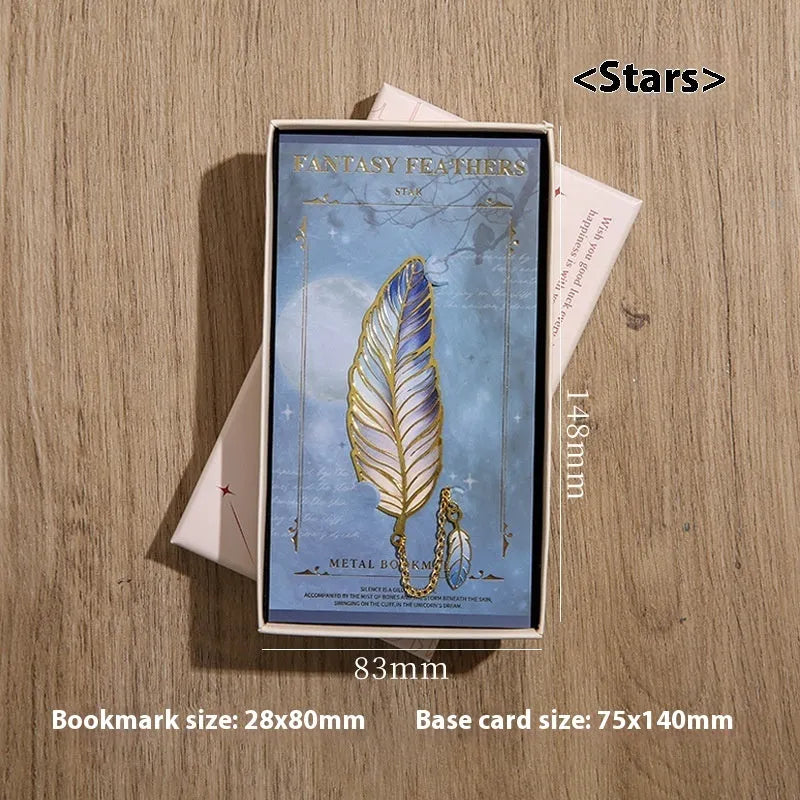 Metal feather bookmark in classical Chinese style with available colours including Aurora, Dark Night, Mist, and Stars