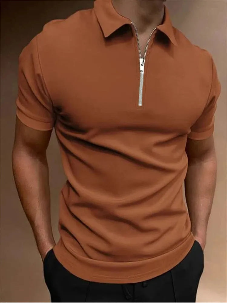 Men's casual short sleeve polo shirt with digital print design in loose fit, shown in multiple colours.