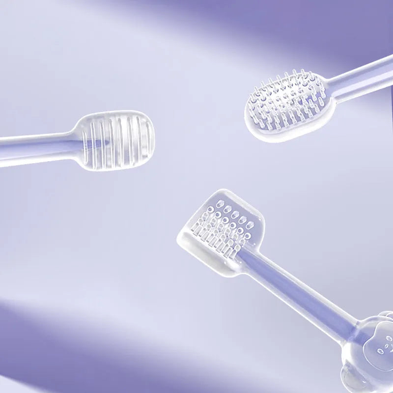 Soft silicone pet toothbrush for dogs and cats in blue, green, and purple colour options