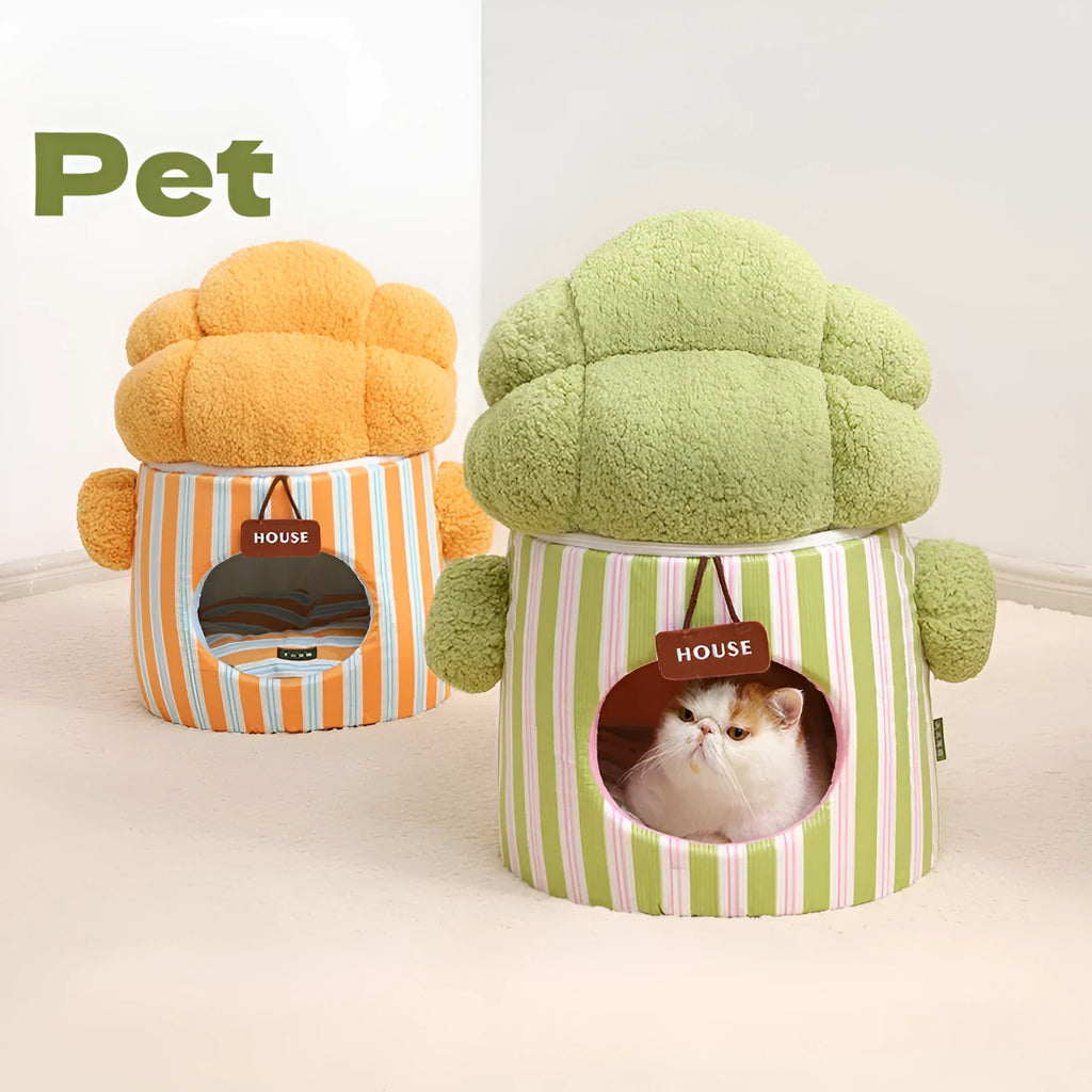 Green enclosed plastic pet house with a creative cauliflower tree hole design for cats or small dogs.